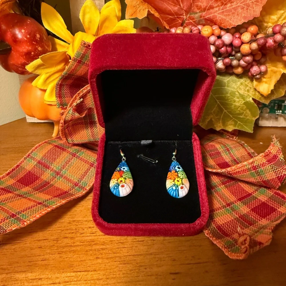 Multi Color Murano Style Millefiori Drop Earrings - Picture 3 of 6